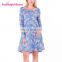2017 Hot Sale Blue Print Women Party Long Sleeve Knee Length Evening Gown Dress