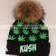 Myfur Adult Screen Green Leaf Printed Skull Hat With Real Fur Pom Pom