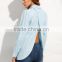 Blouses latest fashion design women clothing Light Blue Split Back Long Sleeve Blouse