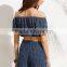 Two-piece-outfits latest fashion design women clothing Navy Off The Shoulder Crop Blouse With Shorts