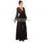 New Spring Women Black Long Sleeve Sexy V-neck Polka Dot Chiffon Big Hem Maxi Dress