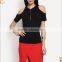 Blank cold shoulder t-shirt women clothes fittes zipper up t shirt