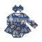 Floral print jumpsuit summer baby girls long sleeve romper with headband set