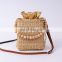 Straw Square Bucket Bag with Bamboo Bead Handle water hyacinth handbag, Shopping Bag 100% woven Wholesale