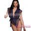 Navy Blue Ribbon Eyelash Chiffon Teddy Bodystocking Sexy Lingerie