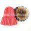 Myfur Cute Peach Color Warm Ribbed Knitting Hat with Natural Raccoon Fur Ball