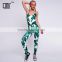 Scoop neck sleeveless palm leaf print one piece women tight latex catsuit