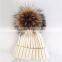Myfur Fluffy Real Raccoon Animal Fur Pom Pom Knitted Beanie Hat for Adult Couple Cap