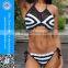 Domi Sexy Women Bandeau Handmade Crochet Bikini White & Black Stripe Swimwear