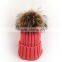 Myfur Cute Peach Color Warm Ribbed Knitting Hat with Natural Raccoon Fur Ball