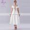 2017 New Arrival Fashion Design High Quality Low Cut Waist Beaded Short Sleeve White Prom Dress