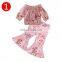 2 Pcs Infant Baby Girls Sexy Outfits, Toddler Long Sleeve Off-the-shoulder Top + Floral Print Flared Trousers