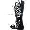 CATWALK-X1380260 Hot fashion black women flat sandals hollow out women casual sandals lace up knee flat sandals