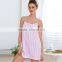 2016 New Pink Striped Suspender Skirt Sleepwear Charming Women's Robes Sexy Pink Lace Lingerie Night Gown Puls Size