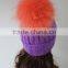 Big Dyed Orange Raccoon Fur Ball With Knit Rib Beanie Purple Cap Fluffy Fur Pompom Knitted Wool Hat