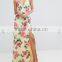 Guangzhou Clothing OEM Floral V Neck Thigh Split Rayon Plunge Strap Back Dress