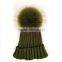 Myfur Classical Raccoon Fur Attached Pom Pom Beanie Adult Khaki Green Winter Cap