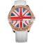 Fashion UK National Flag Clear Crystal Rhinestone Rose Golden Case Women Lady White Leather Quartz Wrist Watch