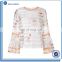 Custom New Fashion Bell Sleeves Contrasting Openwork Flower Print Blouse