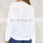 V-shaped cut-out neck contrast patterned placket floral embroidery ladies blouse