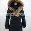 big real raccoon fur hood waist shaped knee length womens long down coat