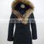 women waist shaped knee length duck down feather jacket with fur hood