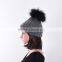 Ladies wool knitting hat with racoon fur pompom beanie hat with top ball KZ160046