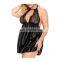 Women's 5XL Lingerie Sexy Keyhole Hanging Neck Lace Satin Nightdress Halter Pajamas plus size jumpsuits
