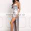 MGOO Hot Sale New Designs Silver Silky Maxi Dress V Neck Cutout Slit Plunge Dress Custom Plain Party Dress