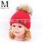 Warm Winter Knitted Beanie Baby Girls Pink Fur Hat With Fur Ball Pom Pom