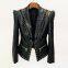 Fashion New Arrival V-neck Corns Metal Leather Jacket Tight Black Zipper Short Women's Clothing