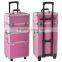 Pink 3 in 1 Pro Aluminum Rolling Makeup Case Salon Cosmetic Organizer Trolley