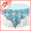 Latest design factory sale cheap round table organza overlay with rosette decoration