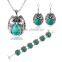 Green stone silver bracelet and necklace and earring sets 4pcs turquoise owl jewelry set