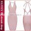 2015 HOT flesh-colored halter crossover high quality bandage dress