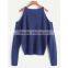 2017 fall women loose dark blue cold shoulder knit sweater