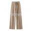 Women Waffle Knit Loose Wide Leg Casual Cashmere Pants with Drawstring