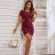 Sexy hollow short-sleeved knitted dress new slim solid color package hip skirt