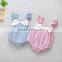 Summer Baby Wear Clothes Toddler Seersucker Jumpsuit Infant Girls Ruffle Sleeve Romper With White Bow