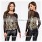 OEM cheap fancy gold-toned sequins long sleeves women floral top blouse