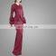 China Muslim Wholesaler Maroon Formal Women Baju Kurung V-neckline Style Two Pieces With Ruffle Sleeves Lady Suit