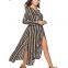Long Sleeve Buttons Down Striped Waist Band Long Shirt Dress