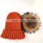 Myfur Orange Warm Ribbed Knit Hat with Natural Raccoon Fur Ball Top