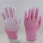 pink and white polyester knitted pu palm coated anti-static safety work gloves