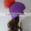 Big Dyed Orange Raccoon Fur Ball With Knit Rib Beanie Purple Cap Fluffy Fur Pompom Knitted Wool Hat