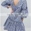 Wholesale Blue Pure cotton Gingham floral print Round neck Ruffle sleeves Cut-out back Smock style Dress
