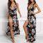 Sexy Slit Black Multi Front Wrap Cross Back Floral Maxi Size Dress Sexy Pictures of Girls Without Dress HSd5112