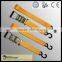 Strap webbing in ratchet tie down with hooks and rings