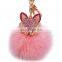 Artificial Fox Fur Pom Pom Ball fox head Rhinestone Key Chain Bag Charm for girls