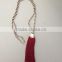 2015 Fall Silver Beads Knoted Long Strand Burgundy Silk Tassel Necklace